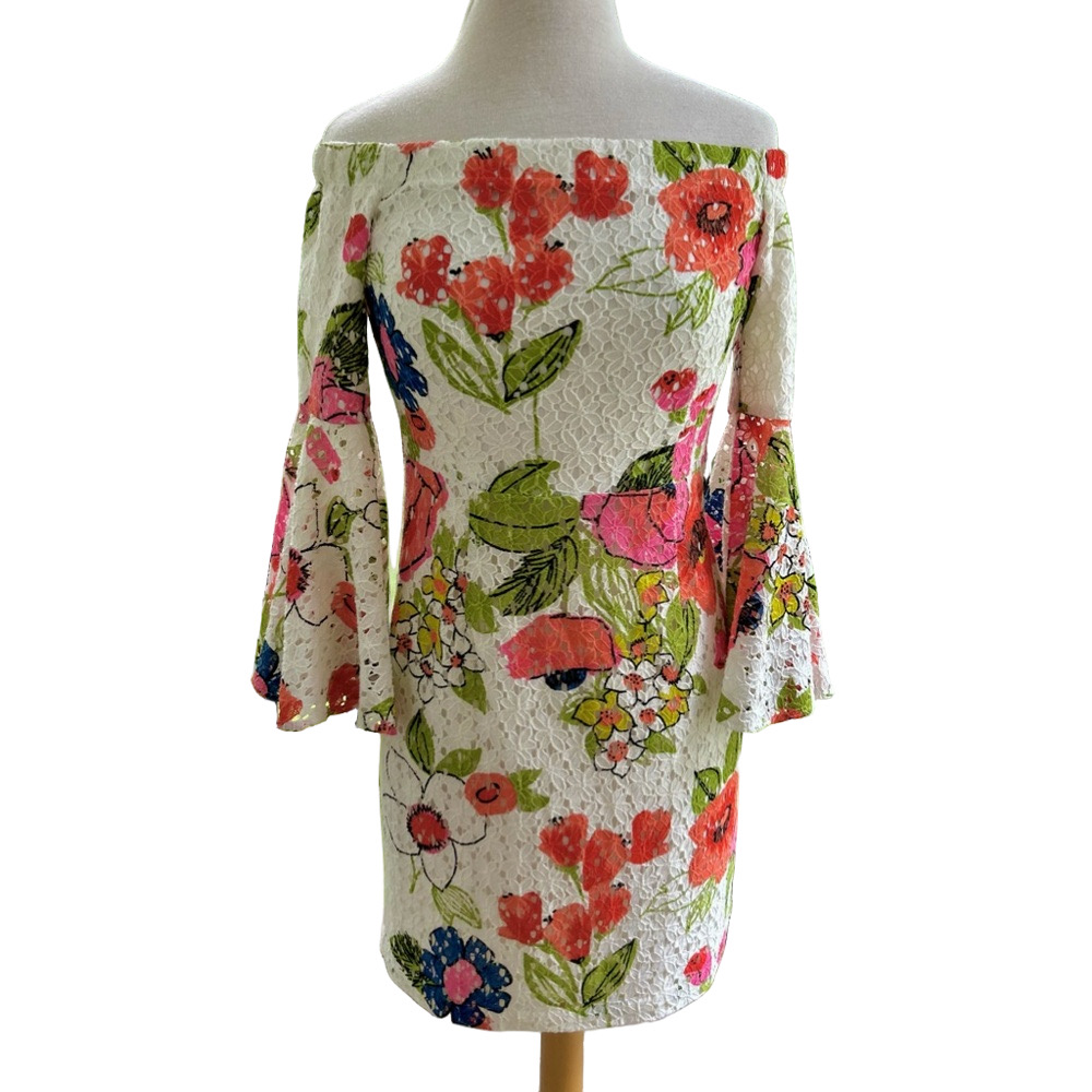 Trina Turk Miley White Floral Size 0 Dress Lace Boho Off Shoulder Bell Sleeve